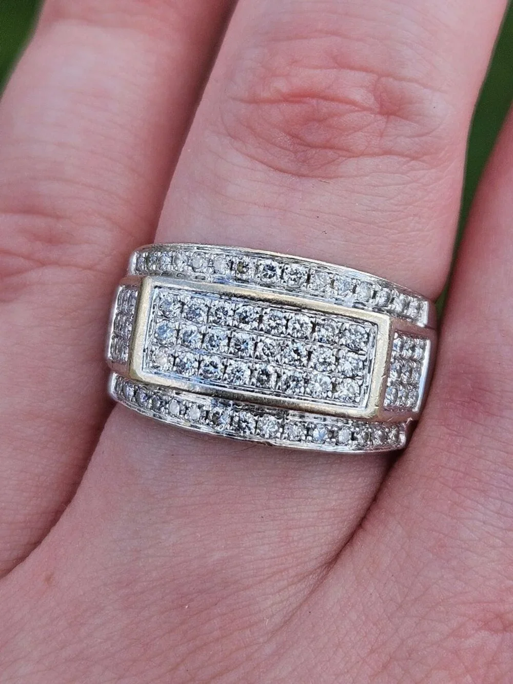 10K White Gold Pave Round Cut Diamond Wide Band Cocktail Ring 12mm Size 8